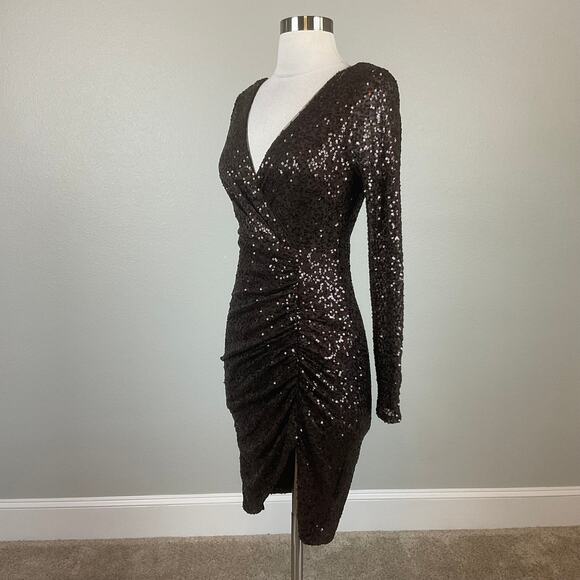Betsy & Adam Long Sleeve Sequined Mini Sheath Party Cocktail Dress Brown Size 6 - Picture 5 of 13